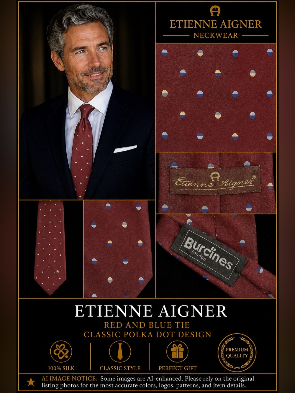 Etienne Aigner Red and Blue Tie Classic Polka Dot Design